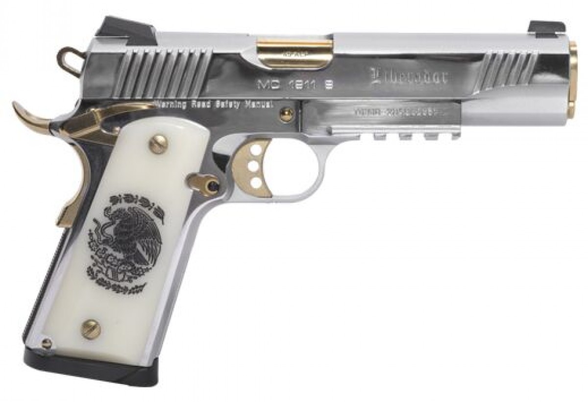 Girsan 391053 MC1911S 9mm 10rd Pistol: Chrome/Gold Engraved Finish
